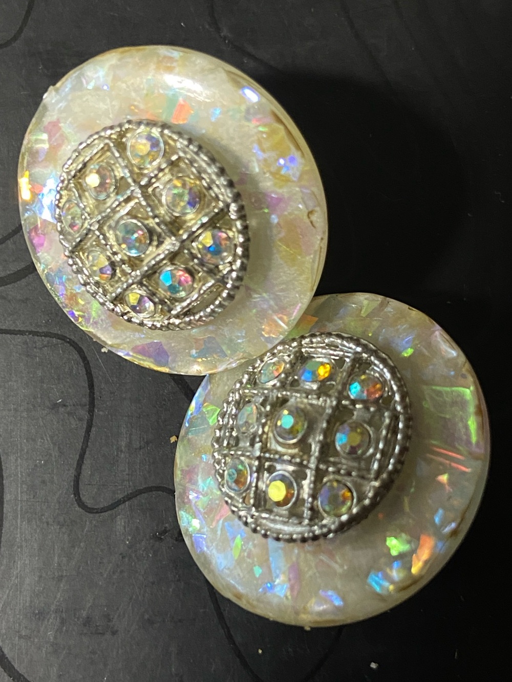 Iridescent Confetti Opal-Look Button Earrings AB rhinestone Clip on